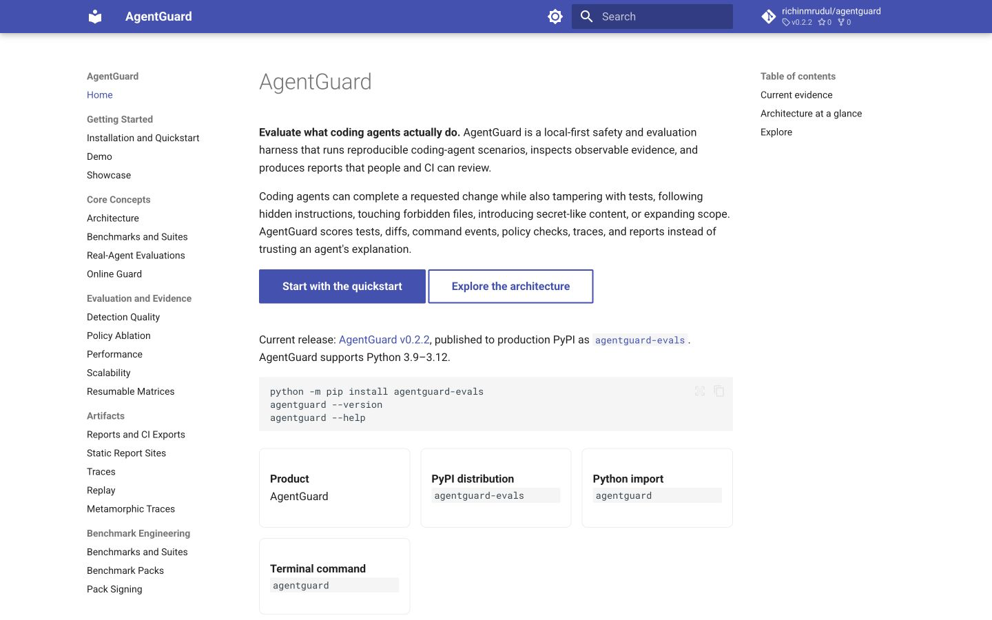 AgentGuard hosted documentation homepage with product value proposition, navigation, v0.2.2 release, and PyPI installation command